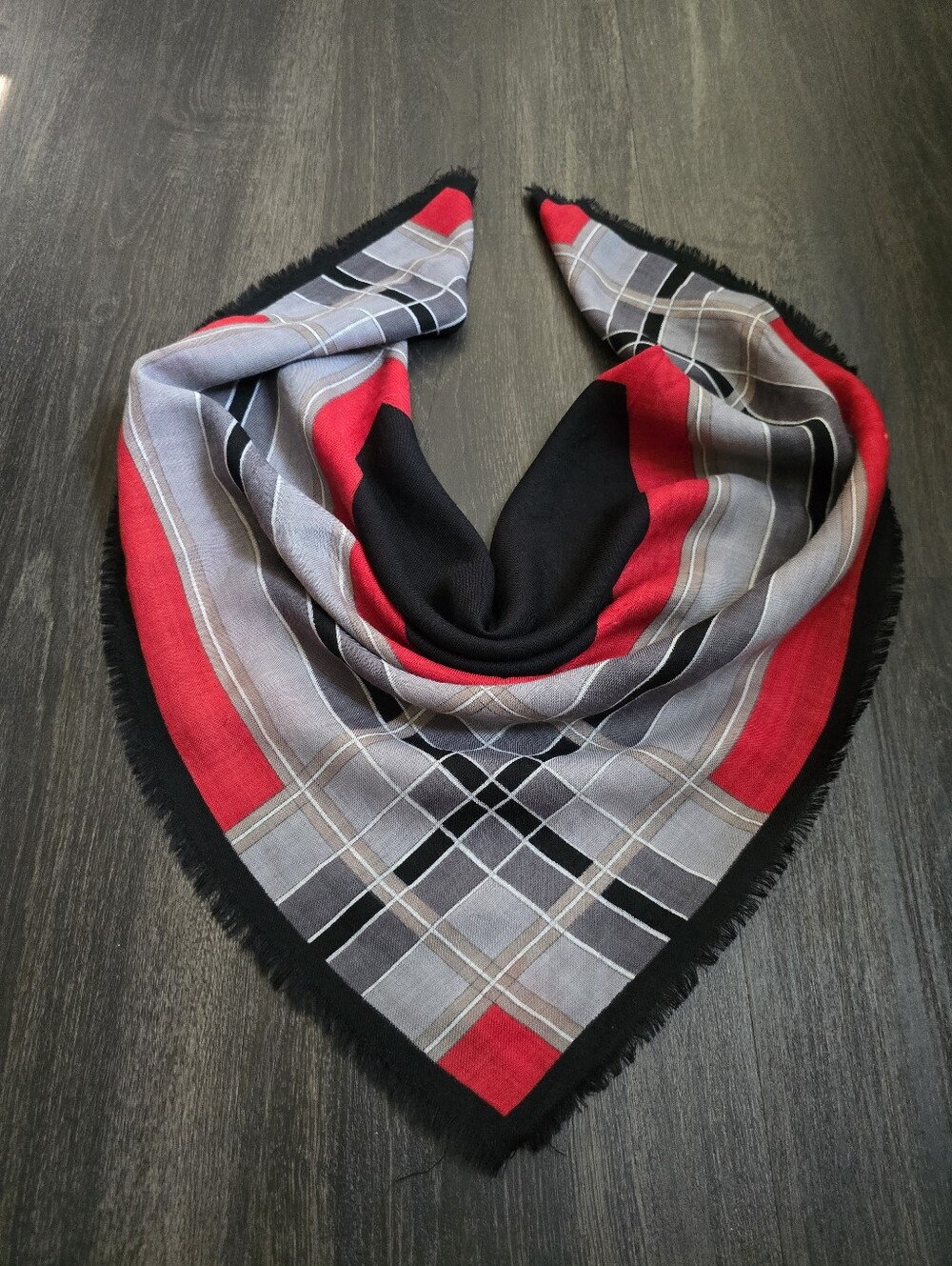 Vintage Square Scarf Red Gray Black Plaid Geometric Colorblock Fringe 30x30 Wrap